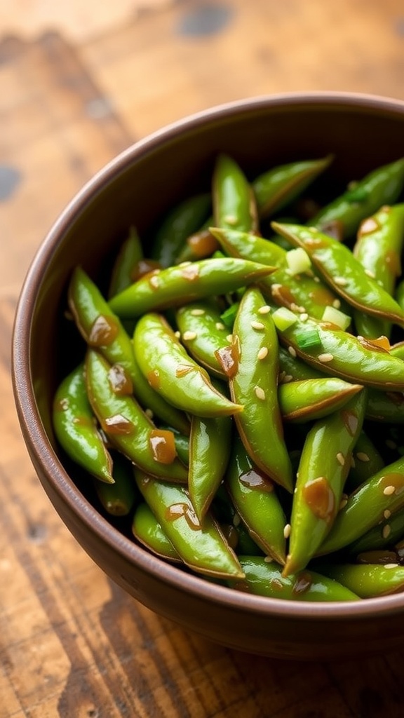 A bowl of honey garlic edamame with sesame seeds and green onions on a wooden table.